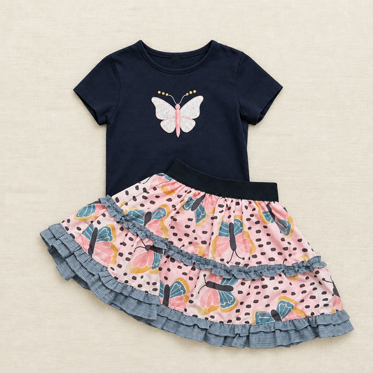Ensemble 2 pièces Deux par Deux : t-shirt bleu marine papillon, jupe à volants à motifs