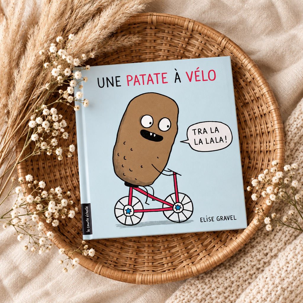 Livre jeunesse «Une patate à vélo» avec illustration patate à bicyclette.