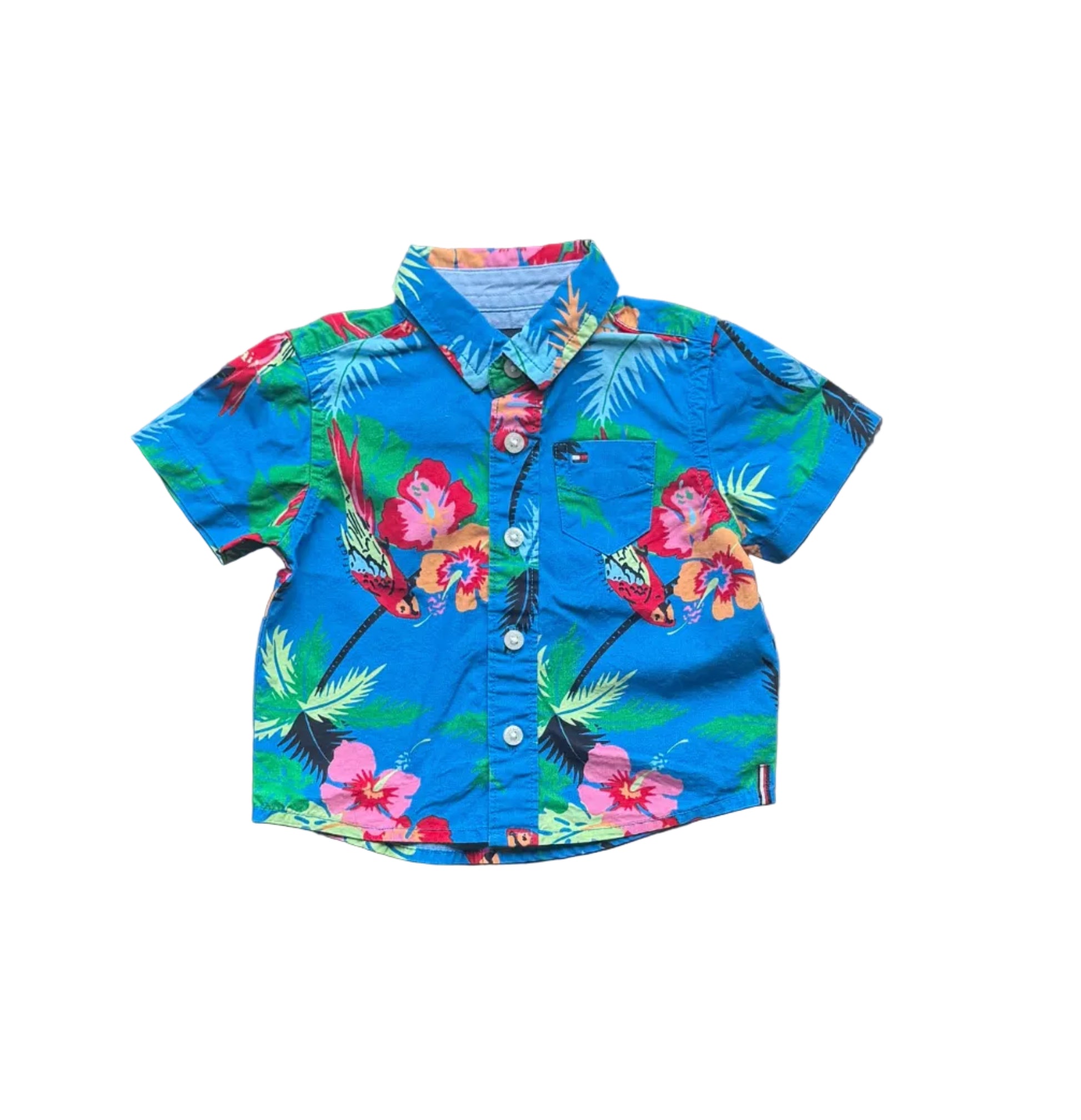 Chemise Tommy Hilfiger bébé 3-6 mois bleue à manches courtes, motif floral tropical