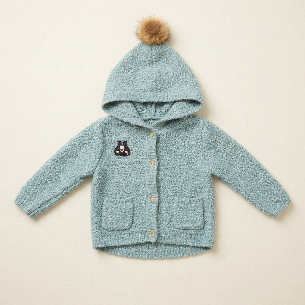 Veste bébé bleu-vert à capuche avec pompon, boutons devant, poches et applique souris
