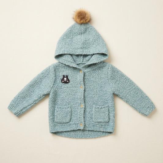 Veste bébé bleu-vert à capuche avec pompon, boutons devant, poches et applique souris