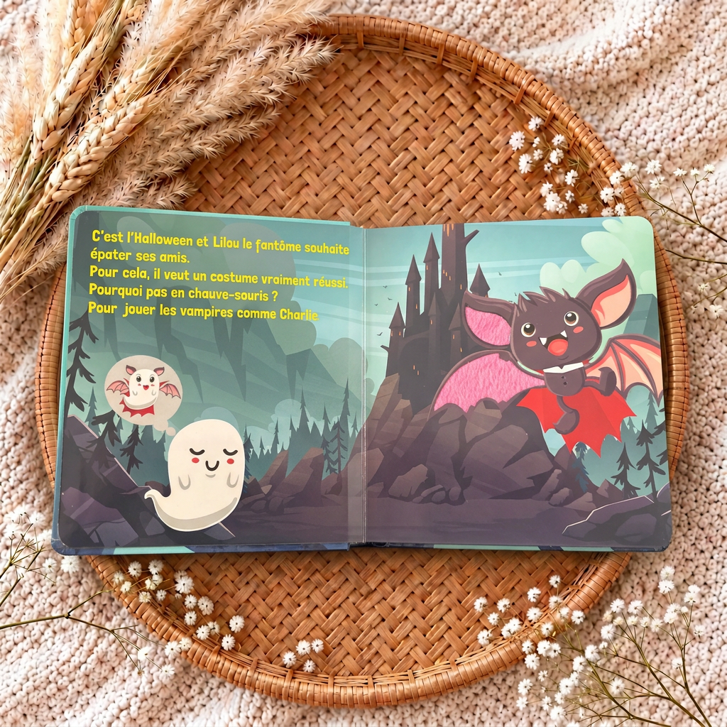 Livre à toucher Halloween, pages ouvertes illustrées (chat, fantôme, château)