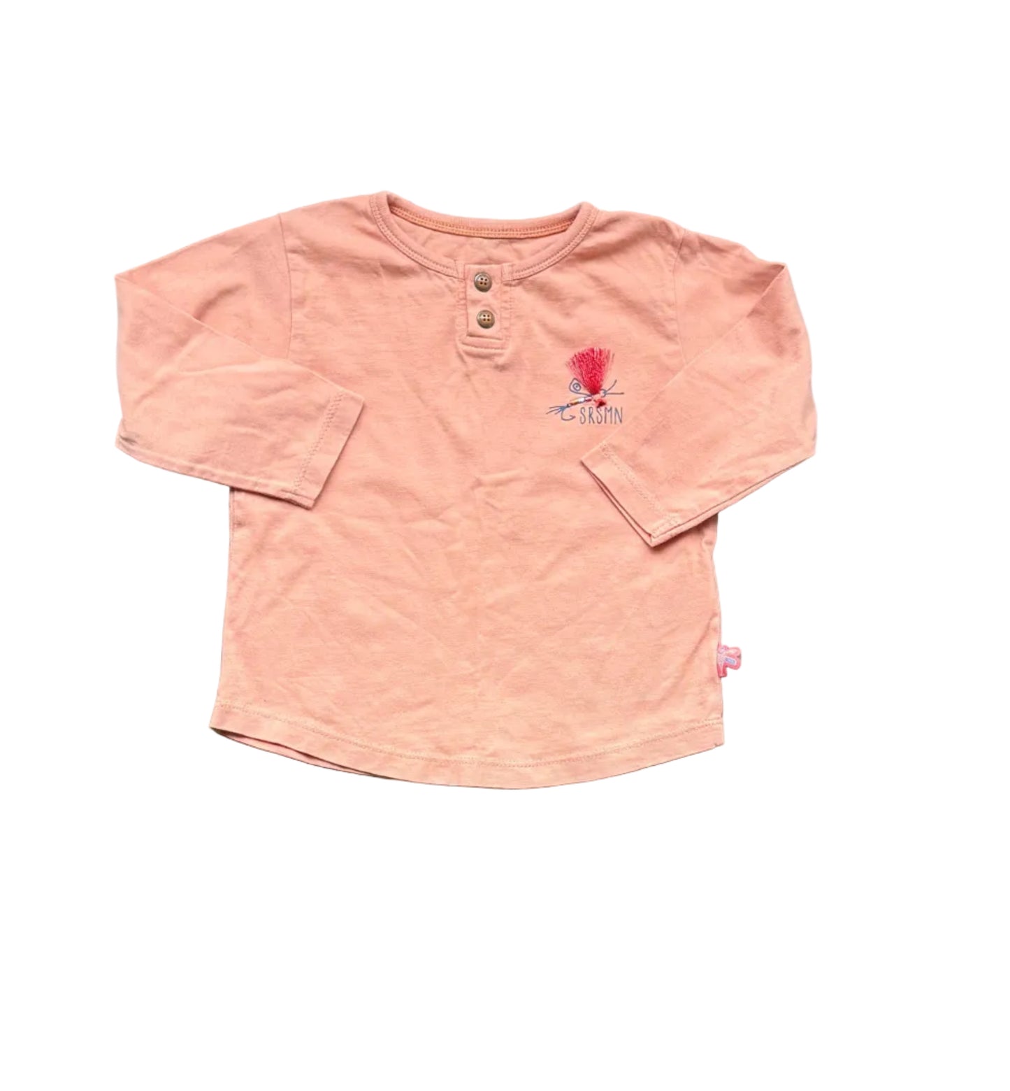 Chandail bébé saumon manches longues, encolure boutonnée et broderie souris