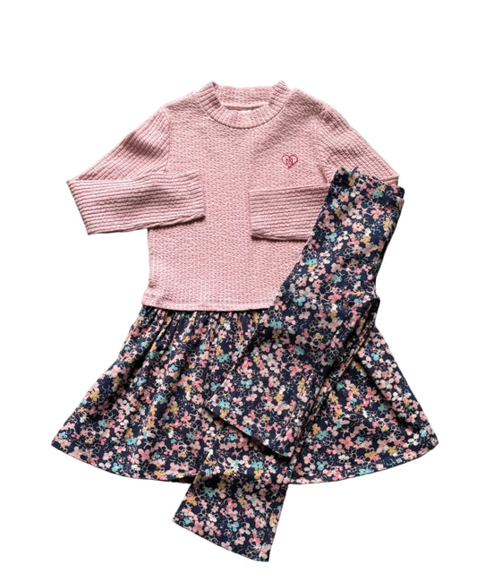 Ensemble 7 ans : pull rose à manches longues et jupe fleurie avec legging assorti