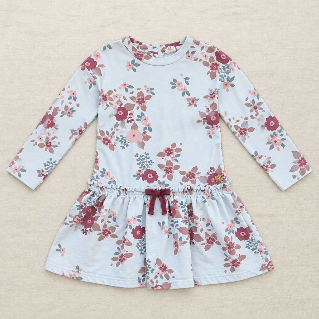 Robe Deux par Deux 6 ans à fleurs, manches longues, taille élastique avec nœud.