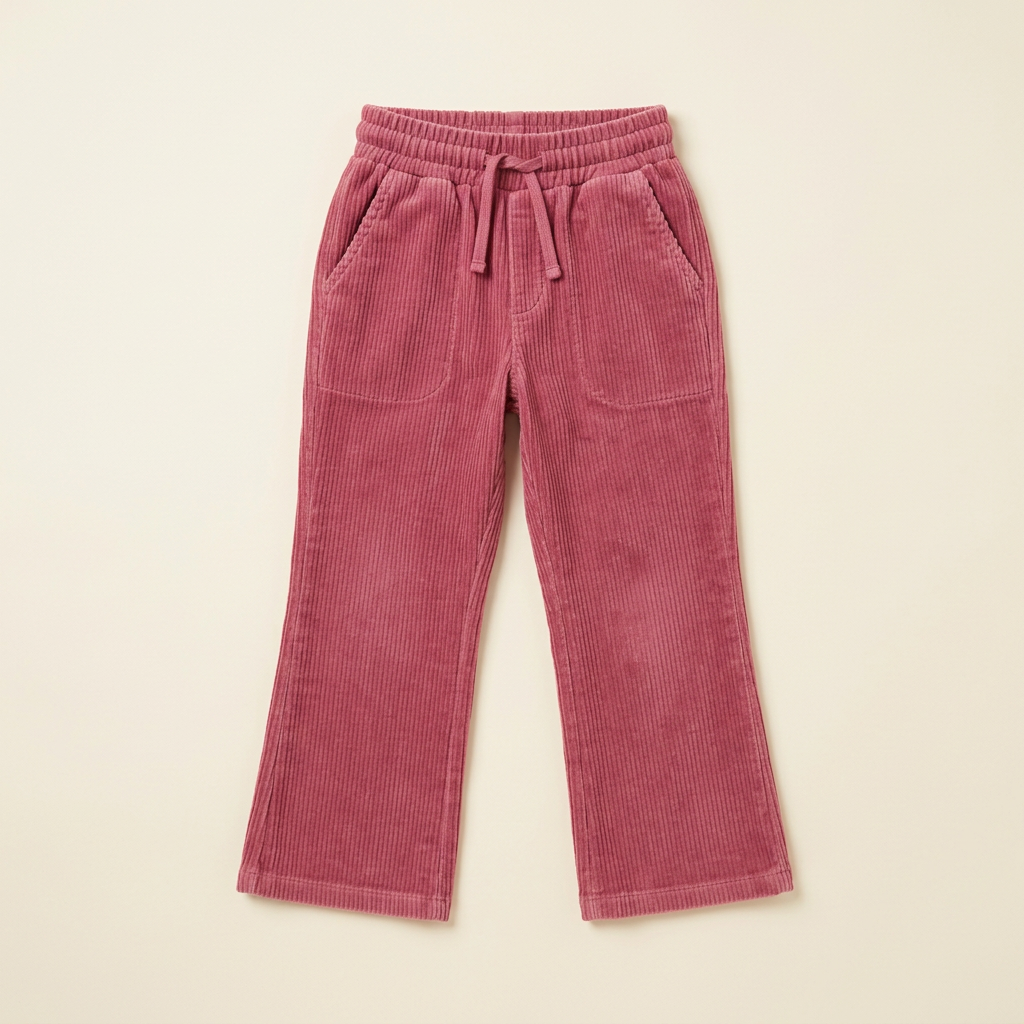 Pantalon Petit Lem en velours côtelé rose framboise, ceinture élastique à cordon, poches
