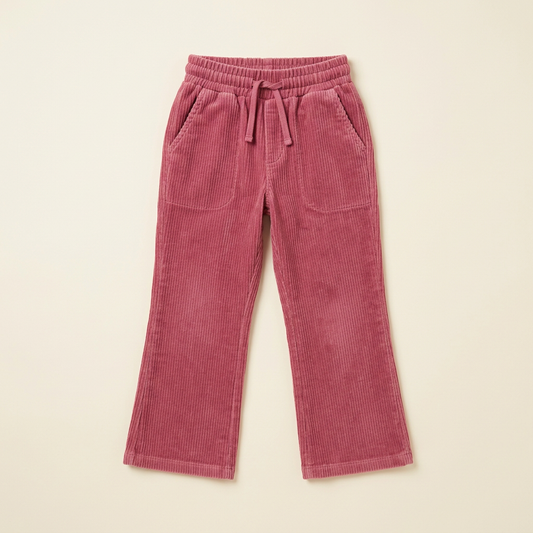 Pantalon Petit Lem en velours côtelé rose framboise, ceinture élastique à cordon, poches