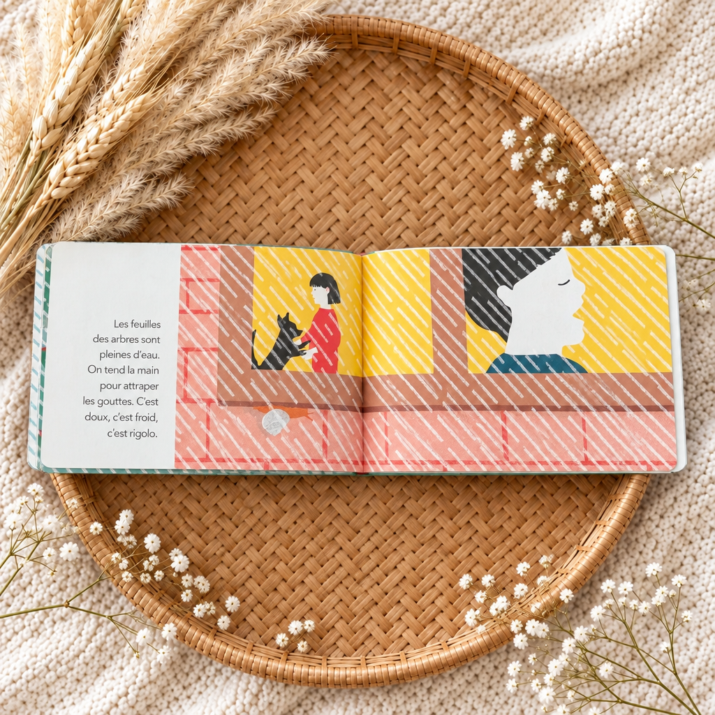 Livre jeunesse ouvert : illustrations et texte, reliure orange.