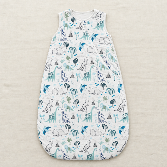 Gigoteuse bébé 2,5 TOG en jersey blanc cassé, imprimé dinosaures bleu et vert, manches ouvertes