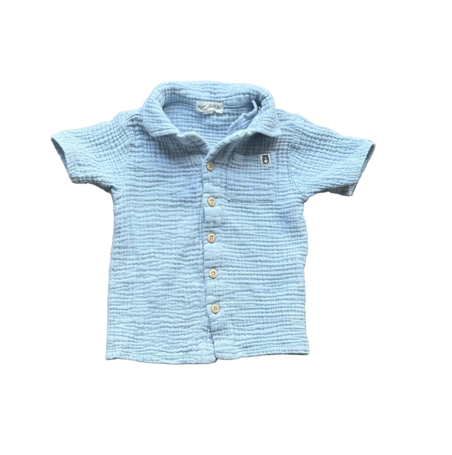 Chemise bébé 3 ans bleu vert en tissu texturé, manches courtes, patte boutonnée