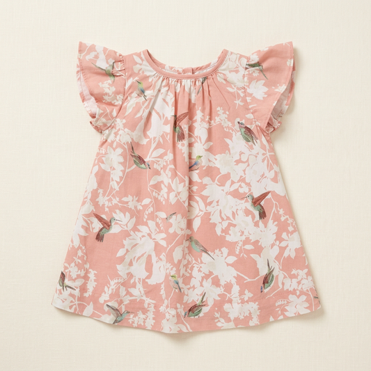 Robe bébé rose à manches volantées, imprimé fleurs et oiseaux, col rond élastique