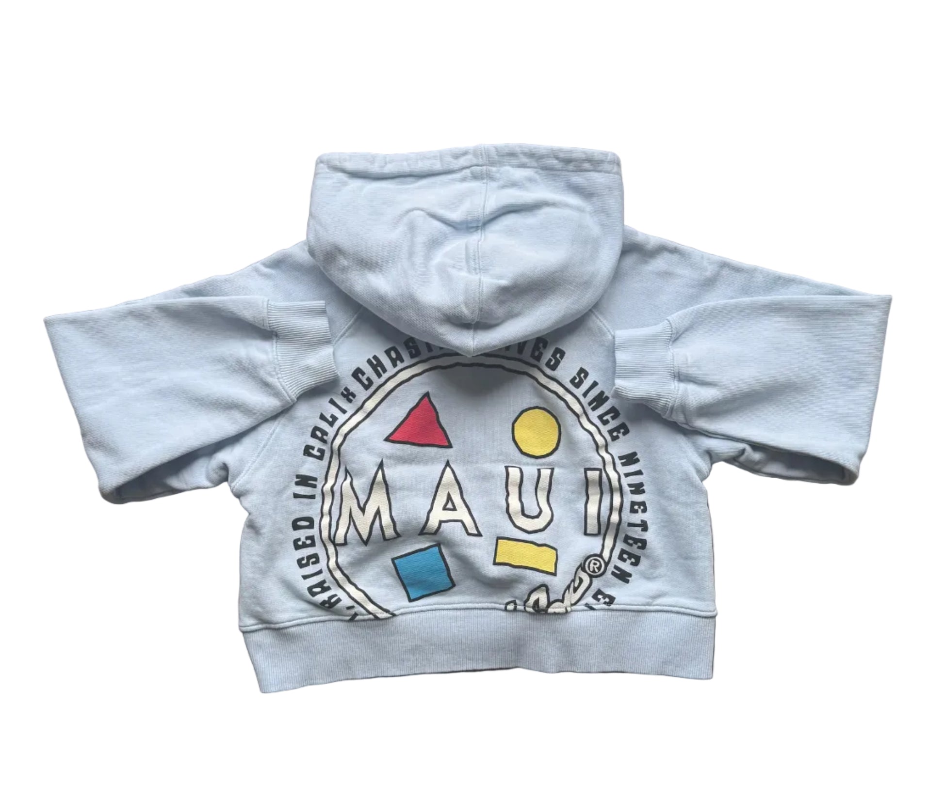 Sweat à capuche bleu clair enfant, grand imprimé MAU multicolore au centre