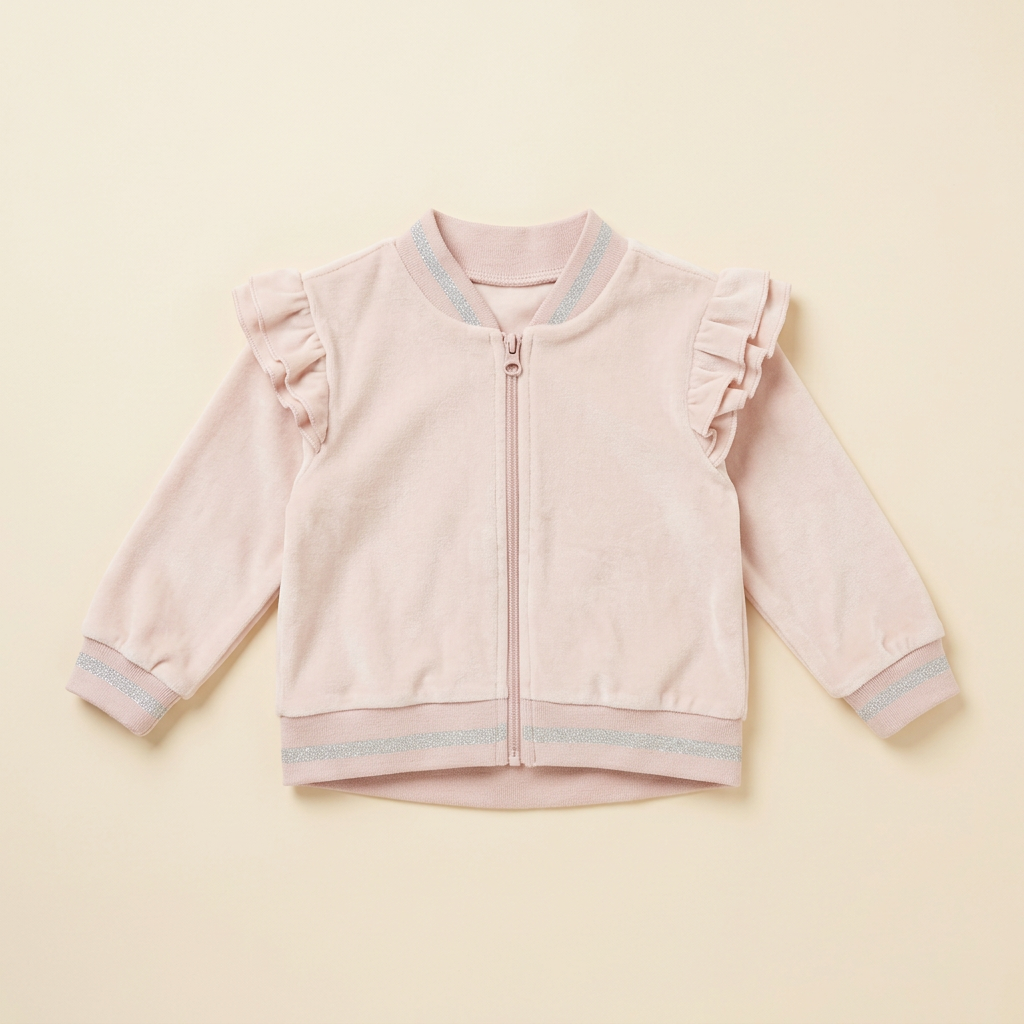 Veste bébé rose crème zippée devant, bord côtelé bleu, manches volantées