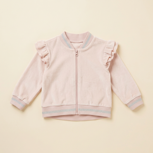 Veste bébé rose crème zippée devant, bord côtelé bleu, manches volantées
