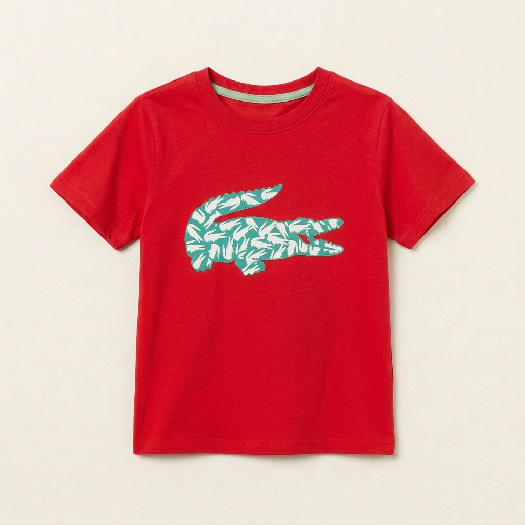 T-shirt rouge enfant 4 ans Lacoste, logo crocodile vert imprimé