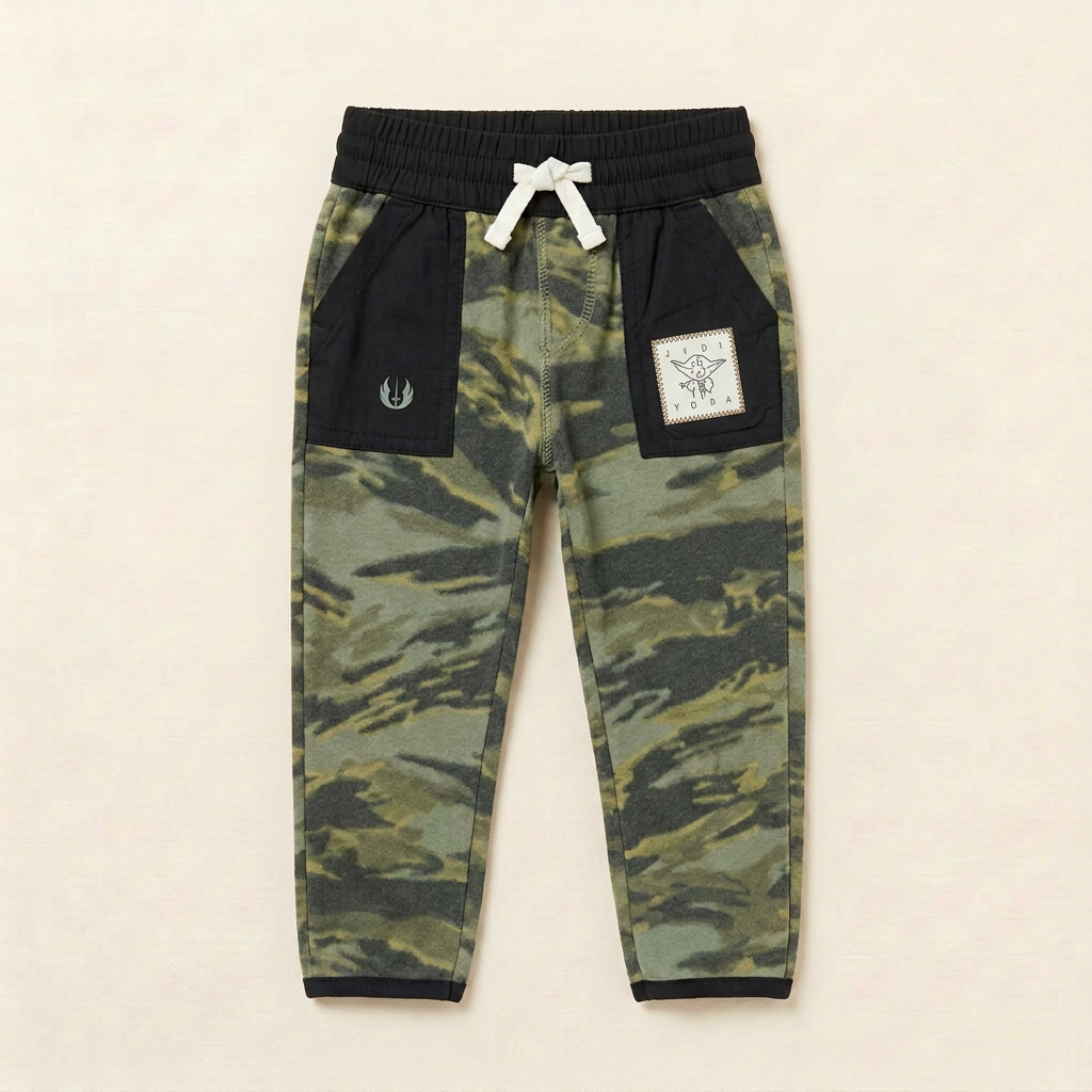 Pantalon de jogging bébé camouflage, taille élastique à cordon, poches latérales et patch.