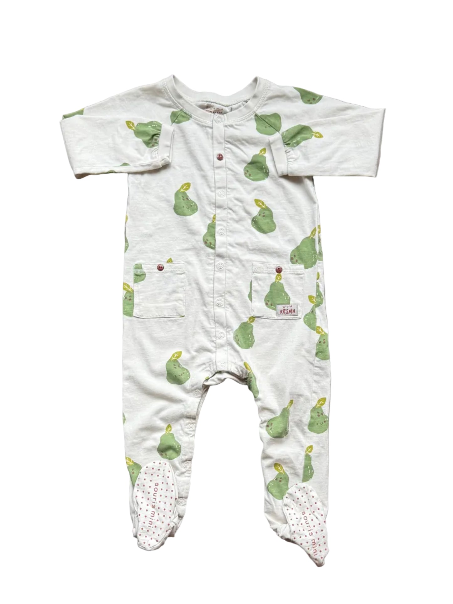 Pyjama Souris Mini 2-3 ans, coton blanc à motifs verts, fermeture boutonnée.