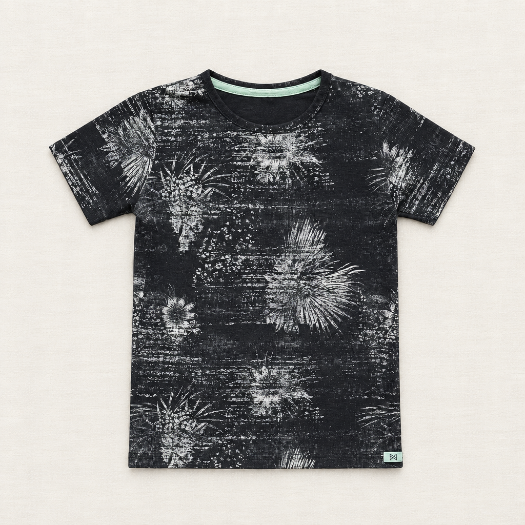 T-shirt enfant Koko Noko noir à imprimé feux d’artifice blanc, col rond