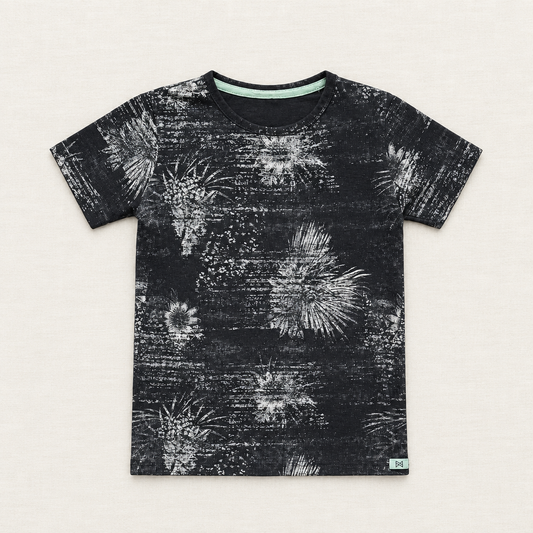 T-shirt enfant Koko Noko noir à imprimé feux d’artifice blanc, col rond
