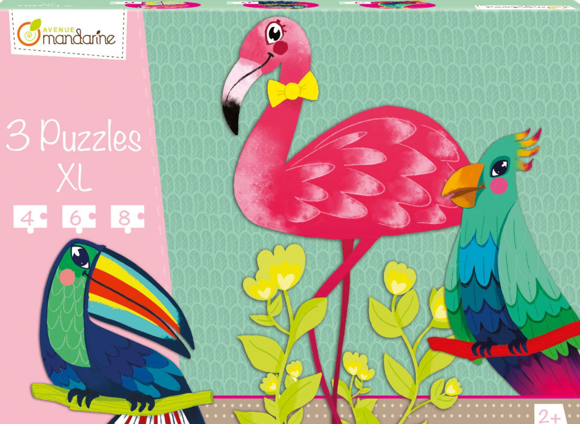 Puzzle XL : 3 pièces oiseaux colorés, flamant rose, toucan et perroquet.