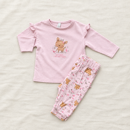 Ensemble bébé 2 pièces rose clair : haut manches longues et pantalon imprimé animaux