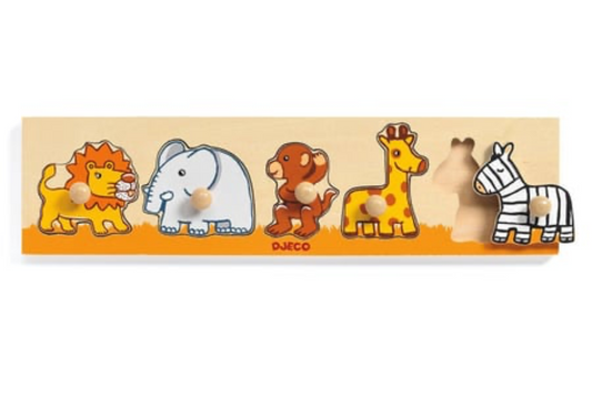 Puzzle Djeco animaux en pièces emboîtables : lion, éléphant, girafe, zèbre