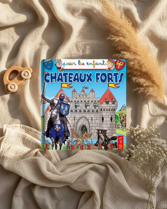 Livre jeunesse à couverture illustrée de château fort et chevalier bleu