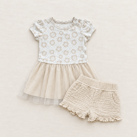 Ensemble bébé 2 pièces : robe à motif avec jupe en tulle et short beige à taille élastique
