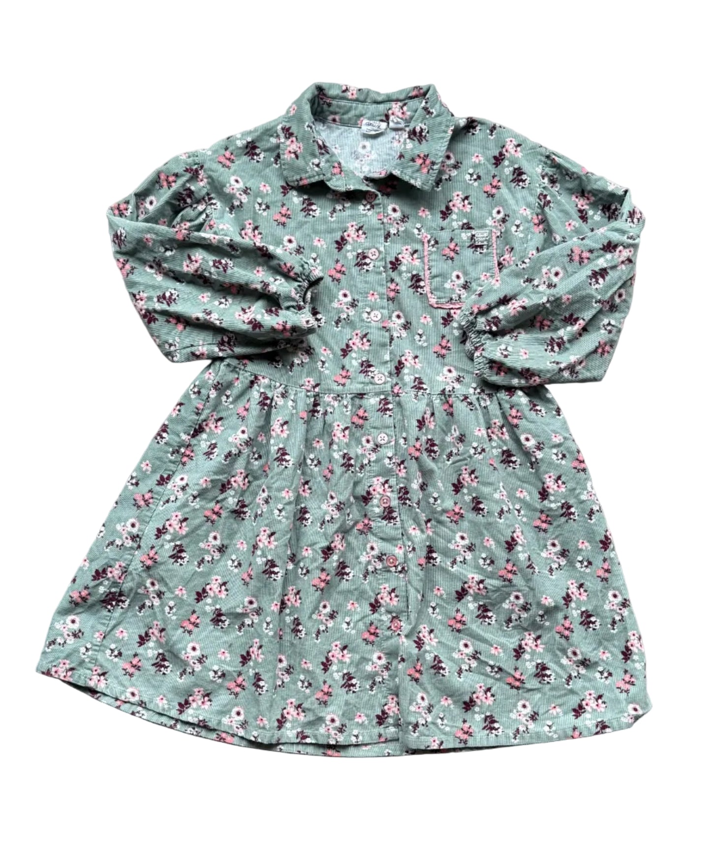 Robe 8 ans en coton, bleu clair, motifs floraux, manches longues boutonnées