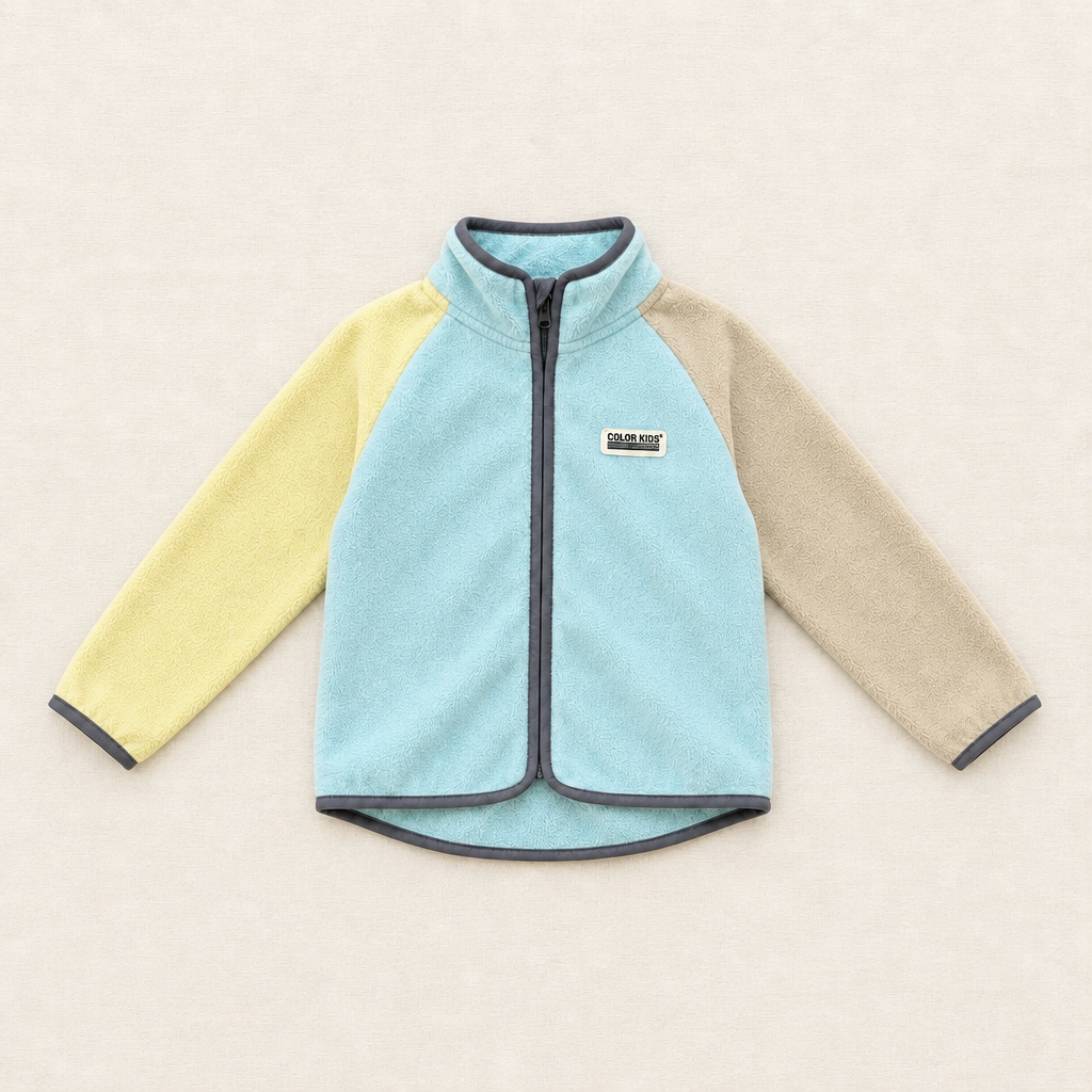 Manteau bébé à fermeture éclair, col montant, colorblock bleu, jaune et beige
