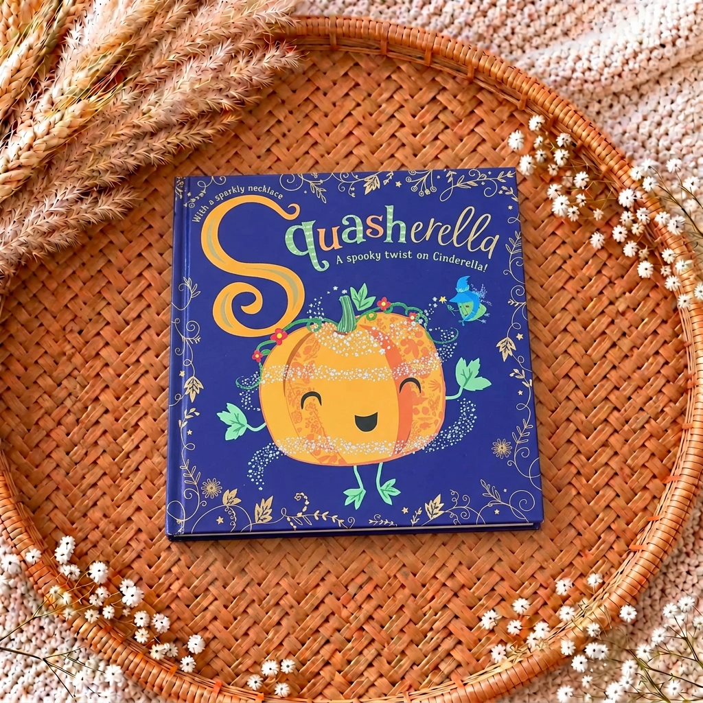 Livre relié couverture bleue « Squasherella » avec personnage, fleurs et décor floral