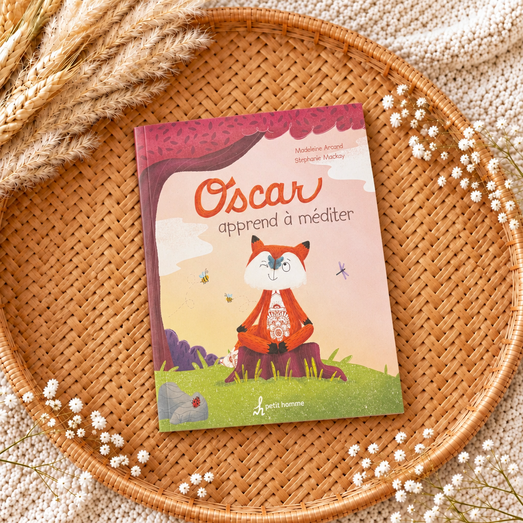 Livre jeunesse «Oscar apprend à méditer» couverture avec renard orange assis