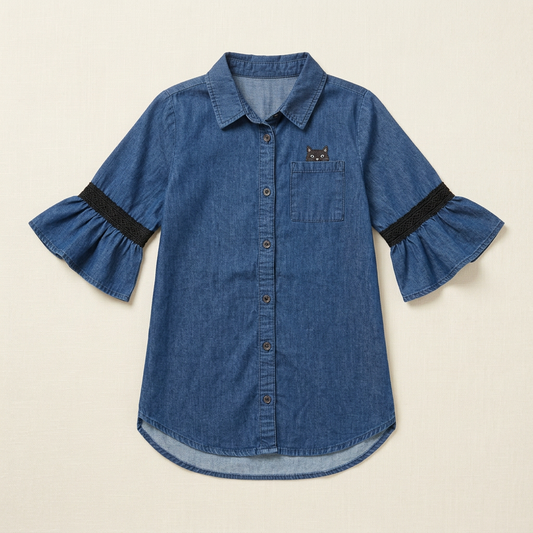 Chemise enfant denim bleu, col chemise, poche avec motif chat, poignets volants noirs