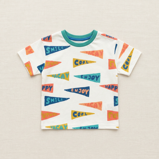 T-shirt enfant Minoti 12-18 mois blanc, col vert menthe, imprimé inscriptions colorées.