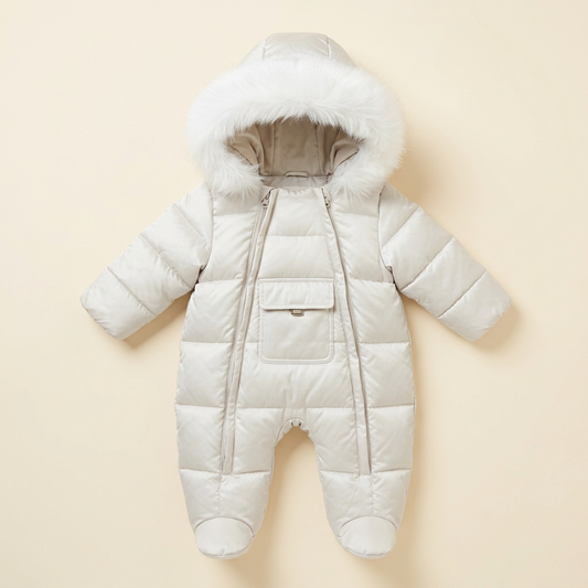 Combinaison bébé crème, capuche doublée fausse fourrure, fermeture éclair et pieds