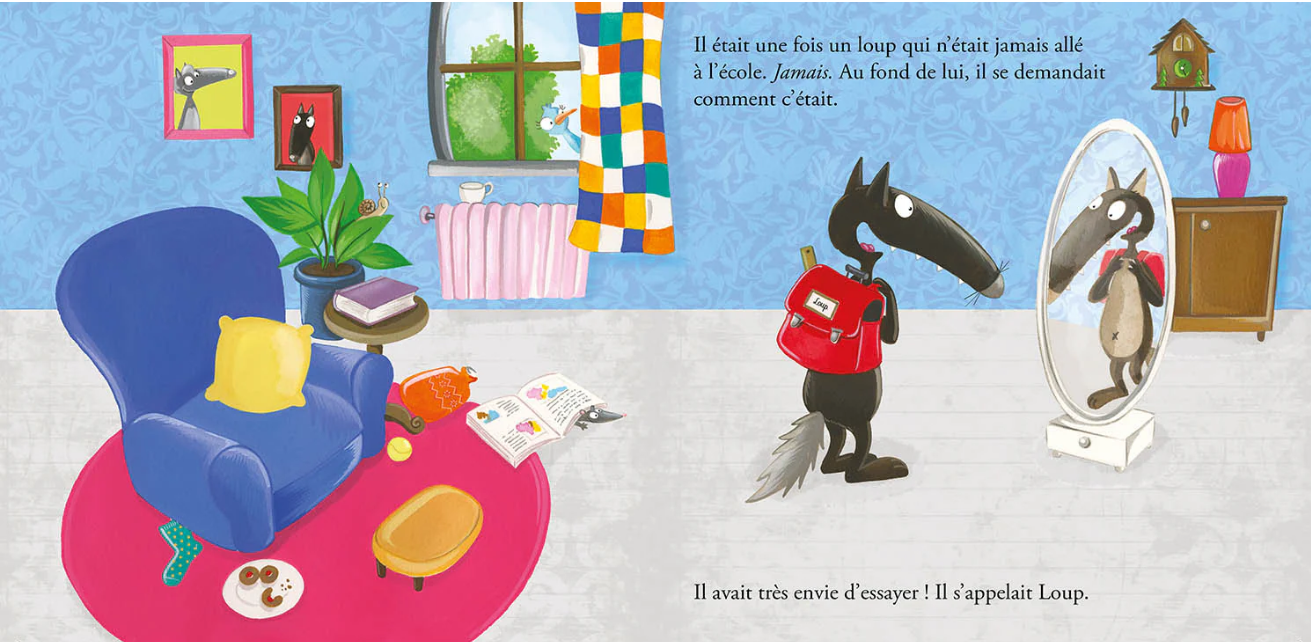 Livre pour enfants « Le loup qui voulait aller à l’école » : scène intérieure avec loup au bureau
