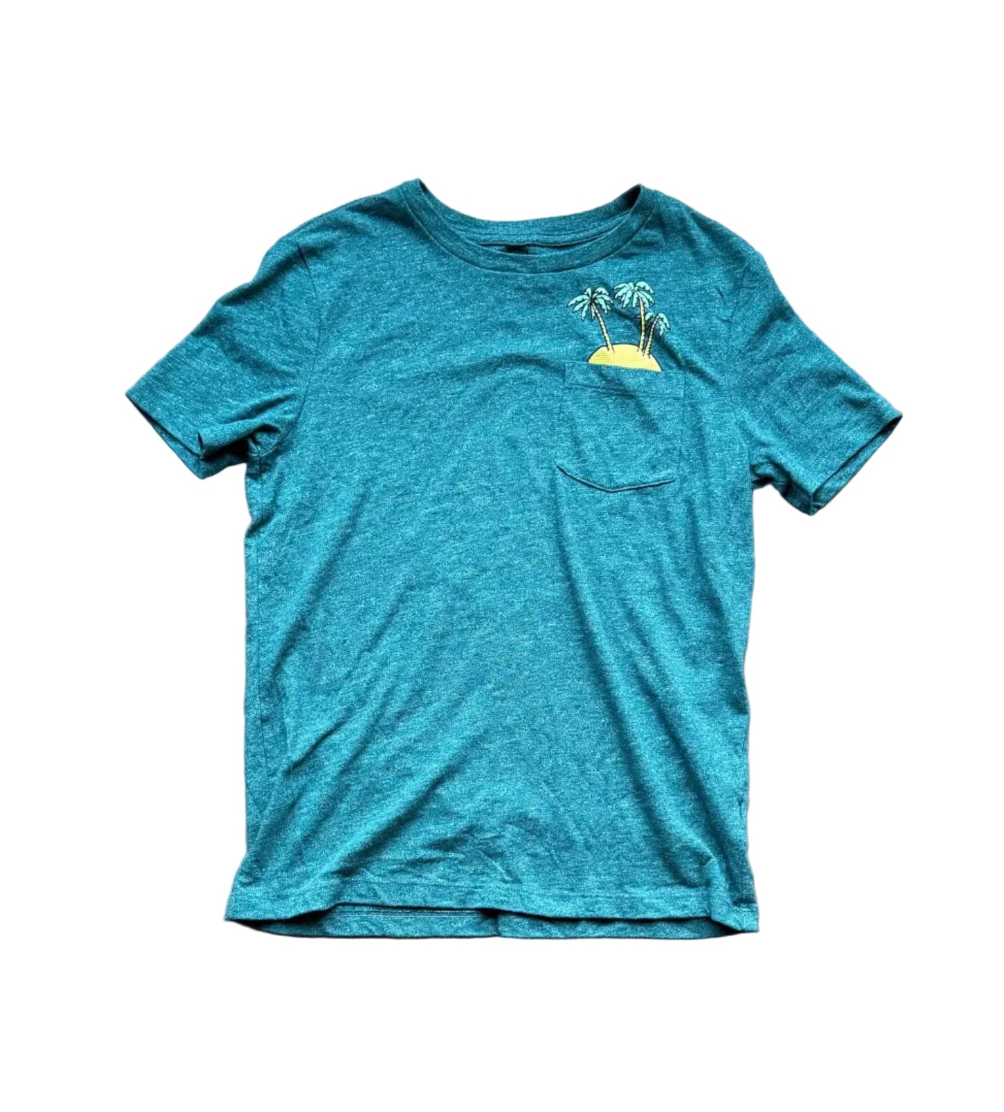 T-shirt sarcelle 10-12 ans en coton, poche poitrine et motif palmiers