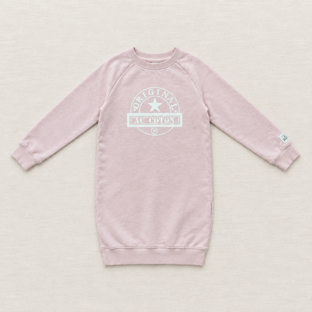 Robe en coton rose 4-5 ans, manches longues, imprimé poitrine, col rond