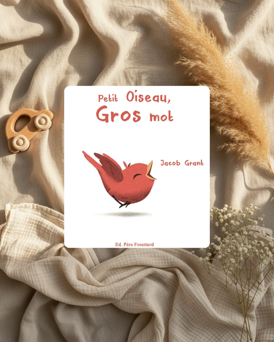 Livre jeunesse Petit Oiseau, Gros mot : couverture avec oiseau rouge et texte