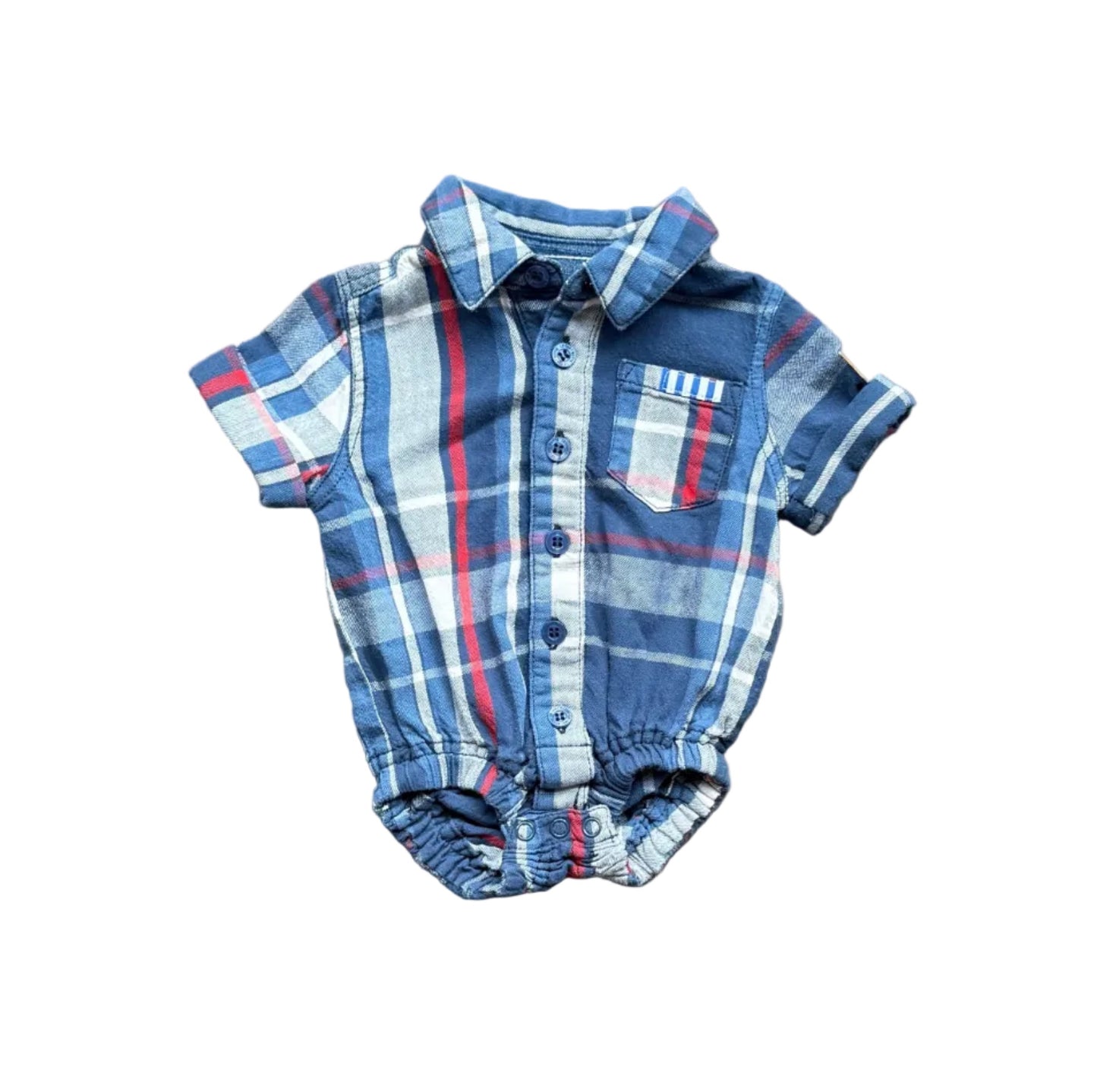 Cache-couche bébé à manches courtes en coton à carreaux bleu et rouge, poche poitrine