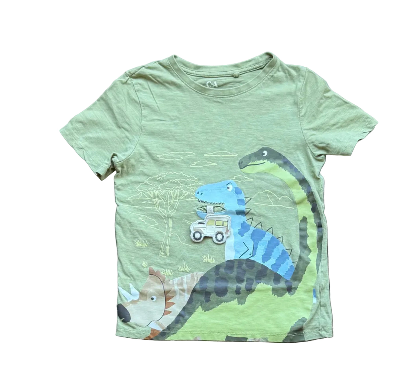 T-shirt vert 8 ans avec impression dinosaures et camion bleu