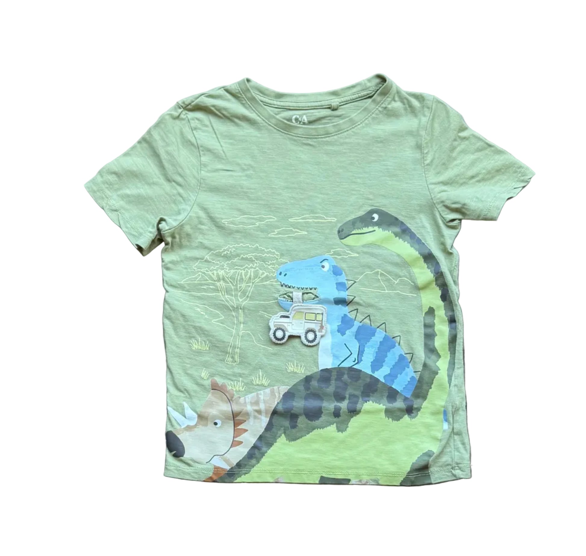 T-shirt vert 8 ans avec impression dinosaures et camion bleu