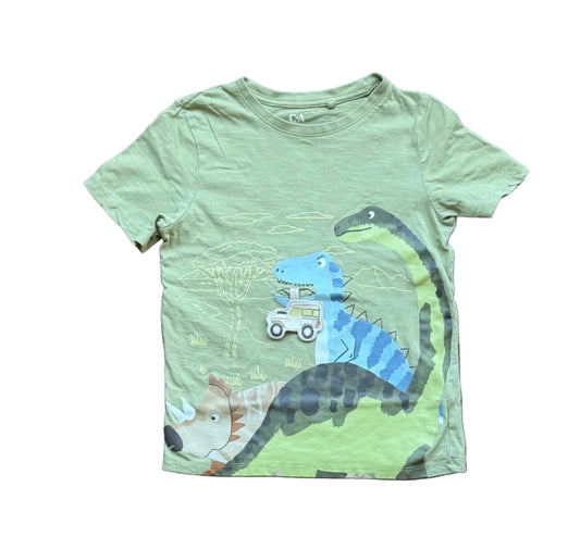 T-shirt vert 8 ans avec impression dinosaures et camion bleu