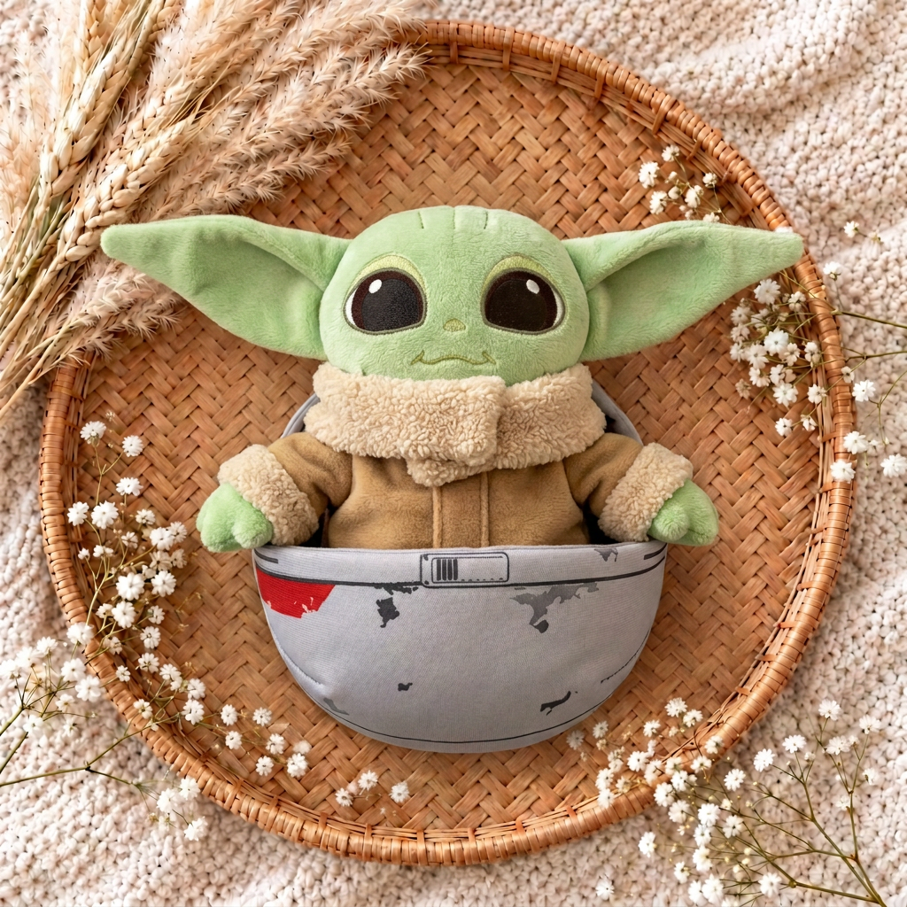 Peluche Grogu vert dans un petit bol gris, grandes oreilles et yeux marron.