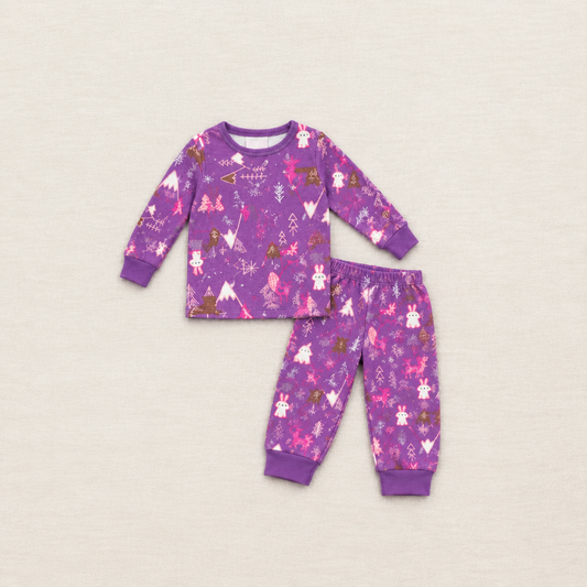 Ensemble pyjama bébé violet à manches longues, motifs souris et sapins, pantalon long