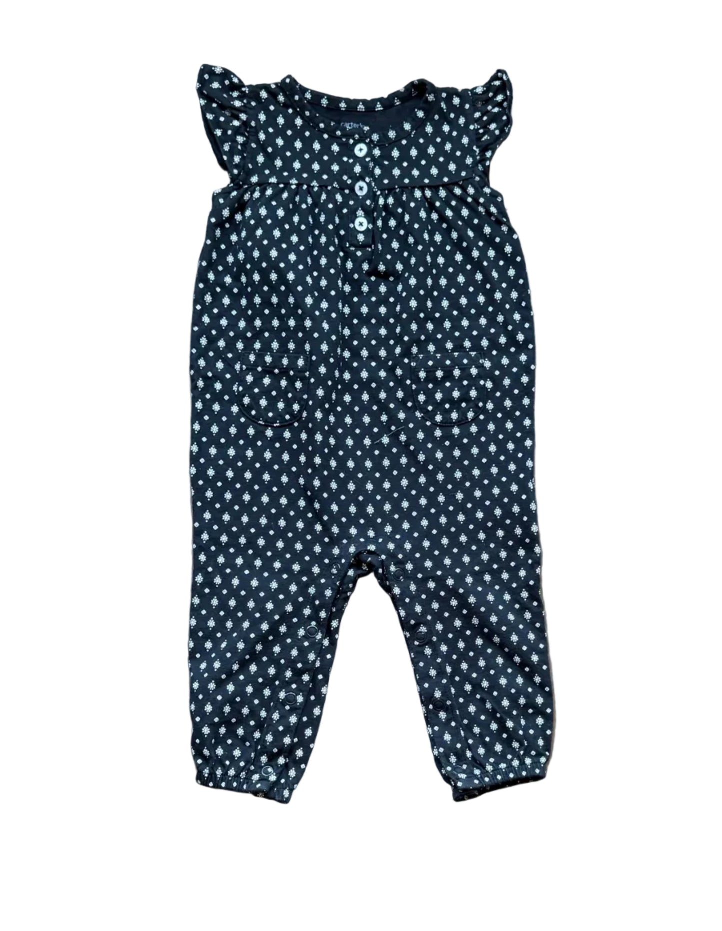Combinaison bébé 9 mois bleu marine à motifs géométriques, boutons pression devant