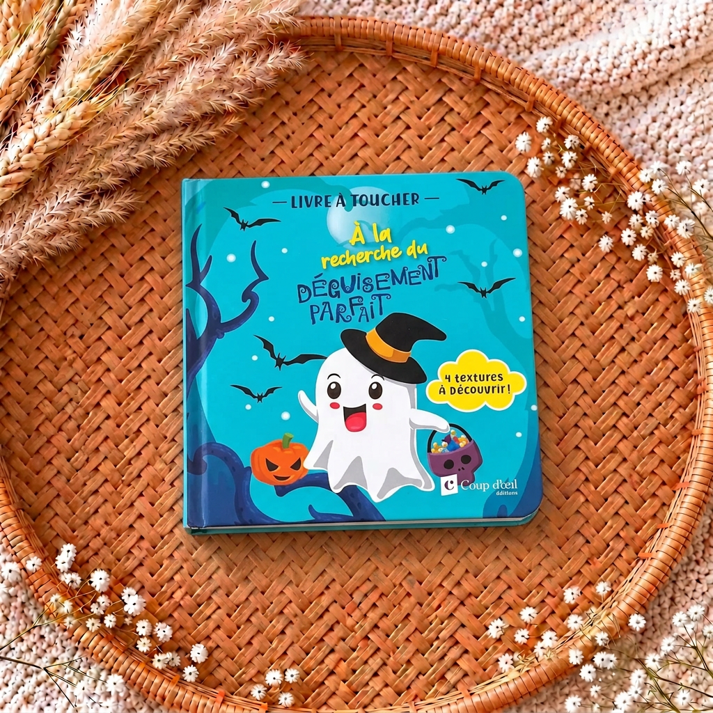 Livre à toucher Halloween, couverture illustrée avec fantôme et texte « À découvrir »