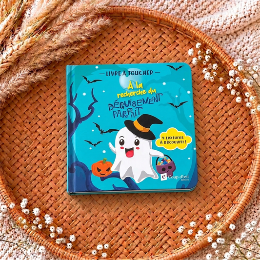 Livre à toucher Halloween, couverture illustrée avec fantôme et texte « À découvrir »