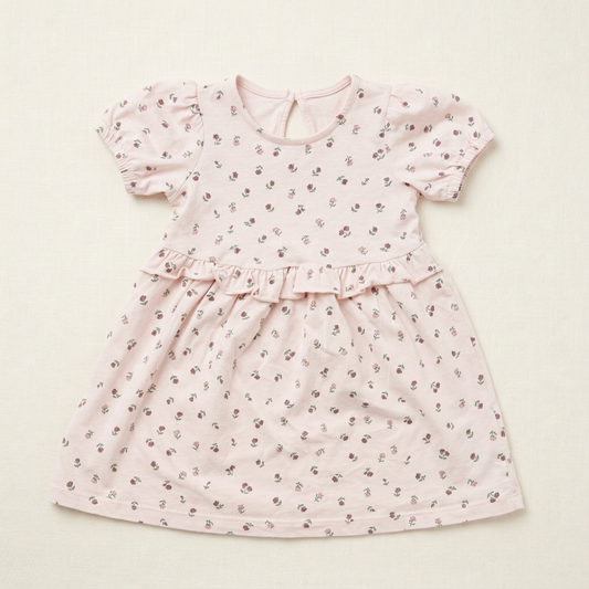 Robe bébé H&M 12-18 mois, manches courtes, imprimé floral rose, volants à la taille