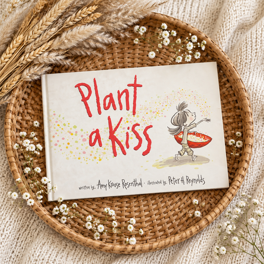 Couverture de livre jeunesse « Plant a Kiss » avec petite fille et cœur rouge.